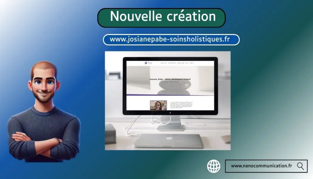 Avatar de Nicolas et un ordinateur pour présenter le site Josiane Pabé - Soins holistiques
