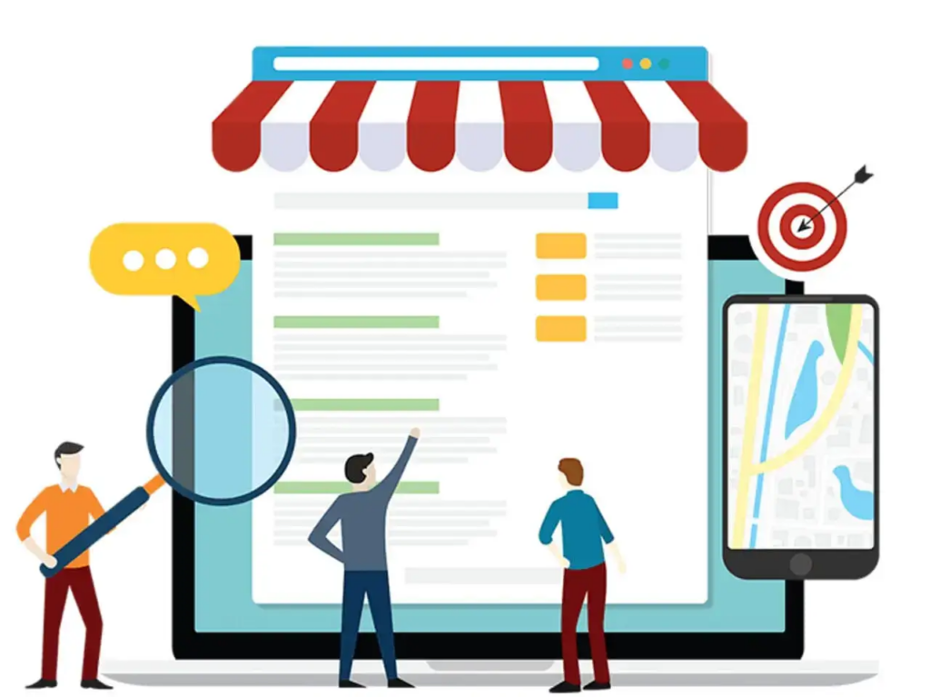 un ordinateur et une fiche google my business: Référencement Local