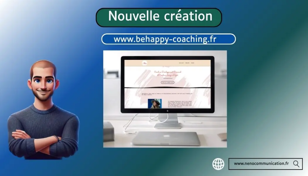 Mon avatar qui présente un ordinateur avec le site behappy-coaching