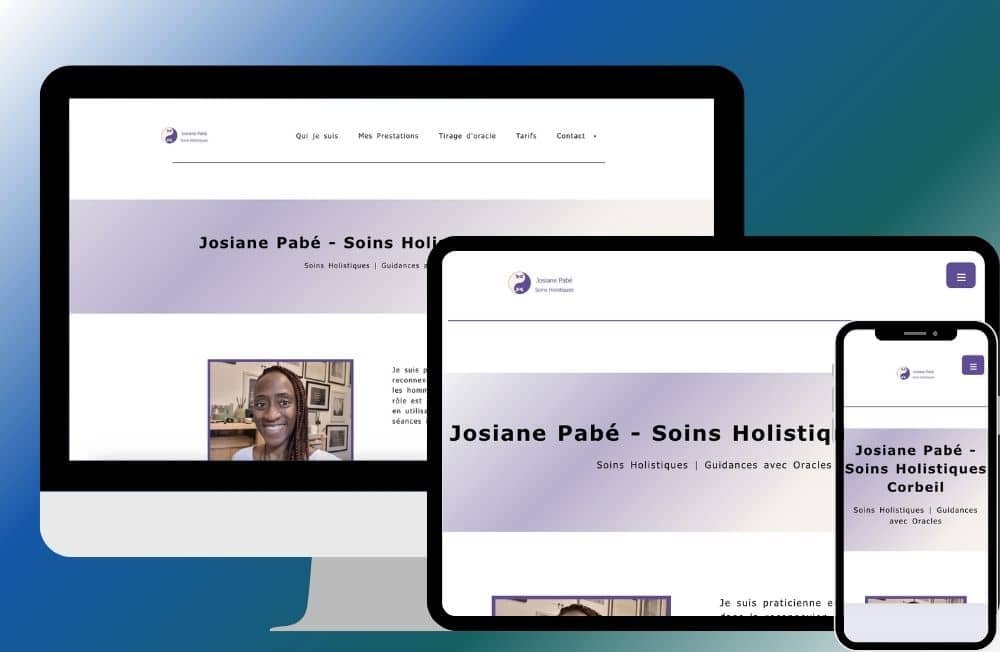 Un ordinateur, une tablette, un téléphone portable avec les différentes versions du site de Josiane Pabé-soins holistiques