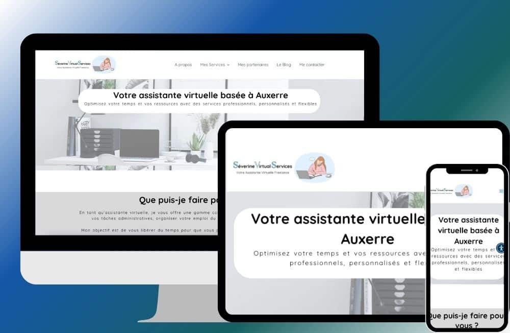 title Un ordinateur, une tablette, un téléphone portable avec les différentes versions du site de Séverine virtual services