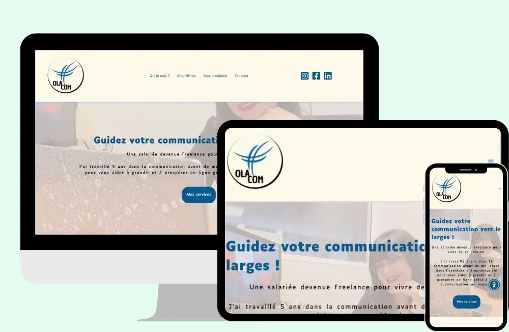 Ordinateur, tablette et téléphone avec le site d'Ola Com, création de Néno Communication.