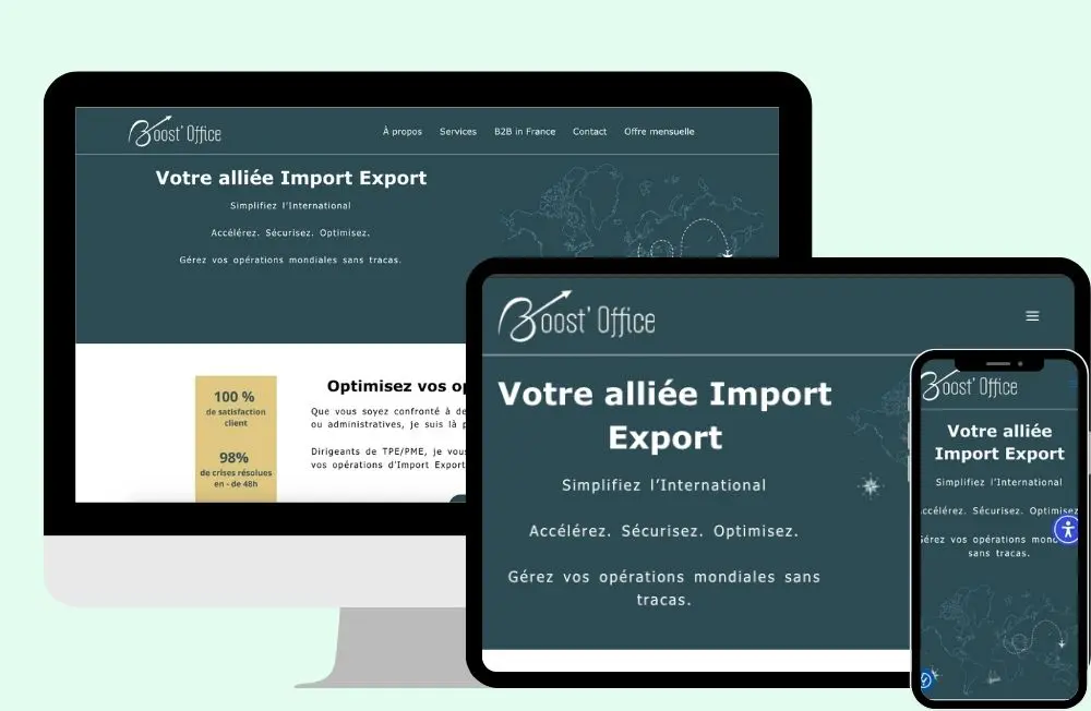 Ordinateur, tablette et téléphone avec le site de Boost'Office, création de Néno Communication.