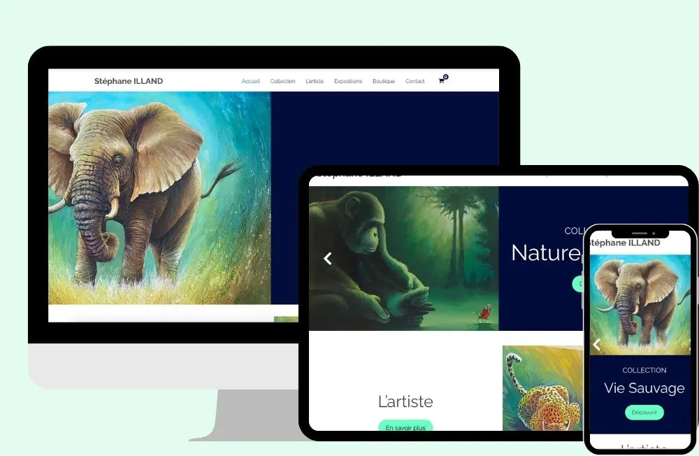 Ordinateur, tablette et téléphone avec le site de Stéphane Illand, création de Néno Communication.